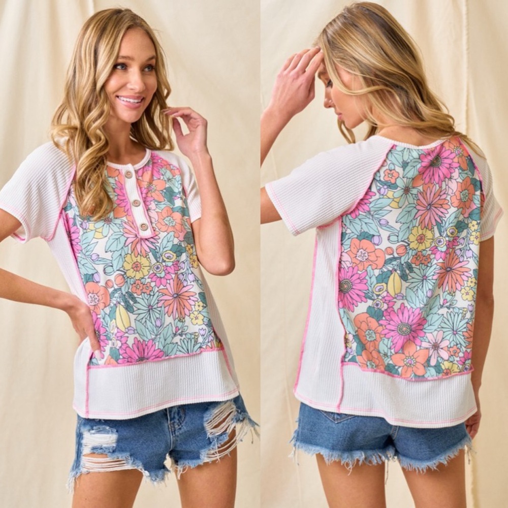 NEW! Boho Ribbed Material Pink and Ivory Floral Top! Print on both Sides!